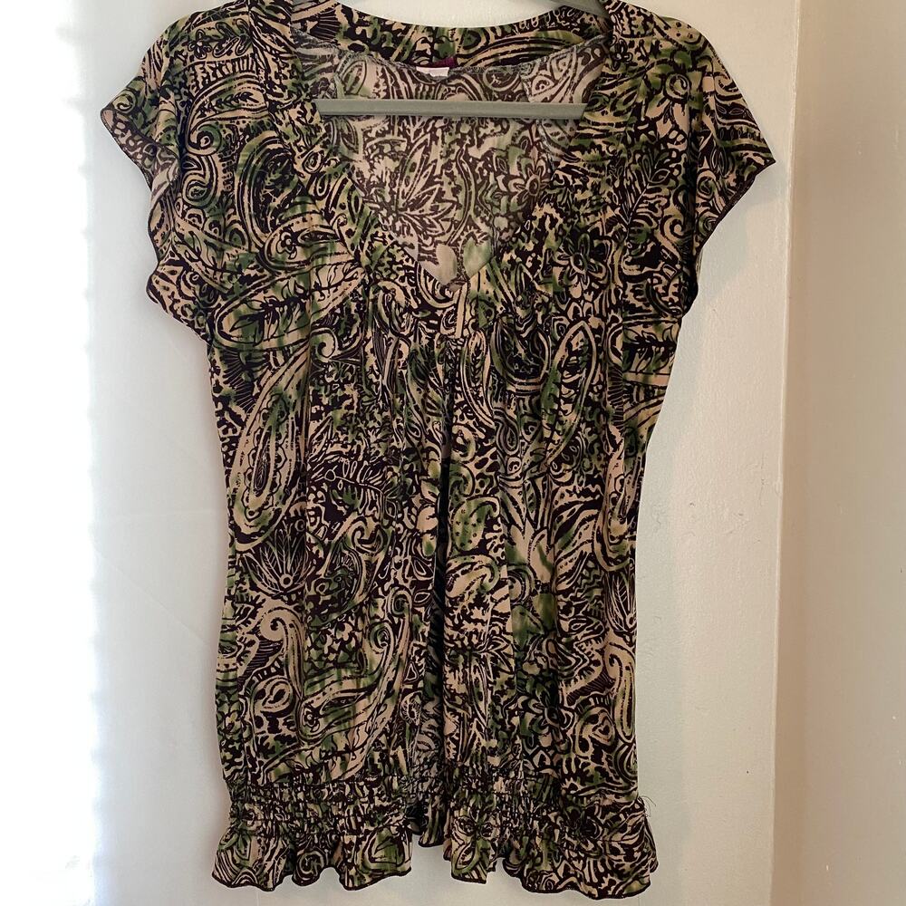 Agenda y2k boho paisley smocked hem top green brown size M